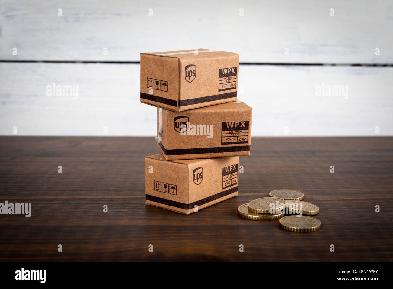 Sigulda, Latvia February 5, 2023 UPS cardboard packaging boxes in