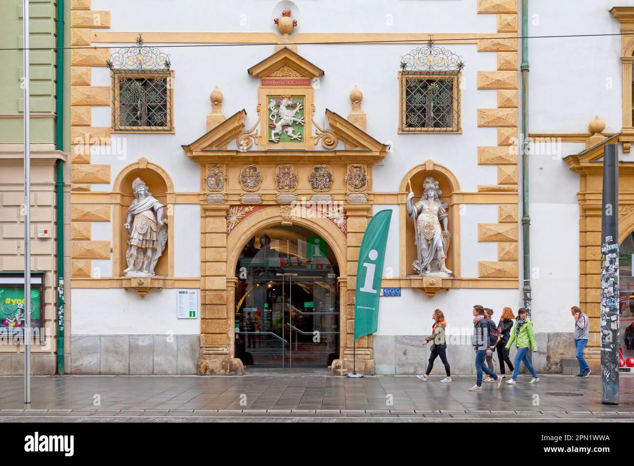 Graz, Austria - May 28 2019: Entrance of the Styrian Armoury (German: Landeszeughaus), the world's largest historic armoury holding approximately 32,0 Stock Photo
