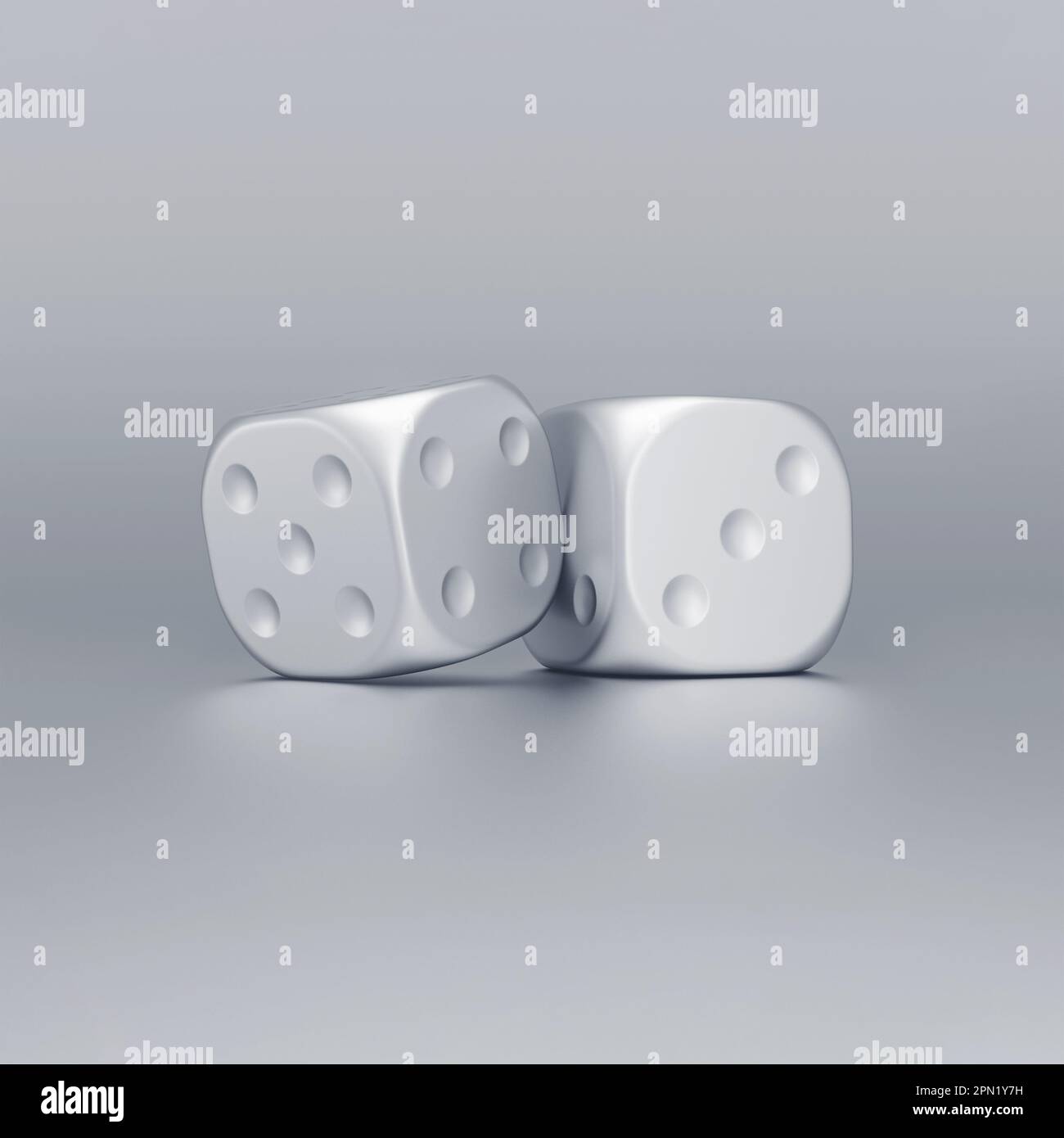 Silver dice on on grey background. Lucky game or random concept. 3d rendering. Stock Photo