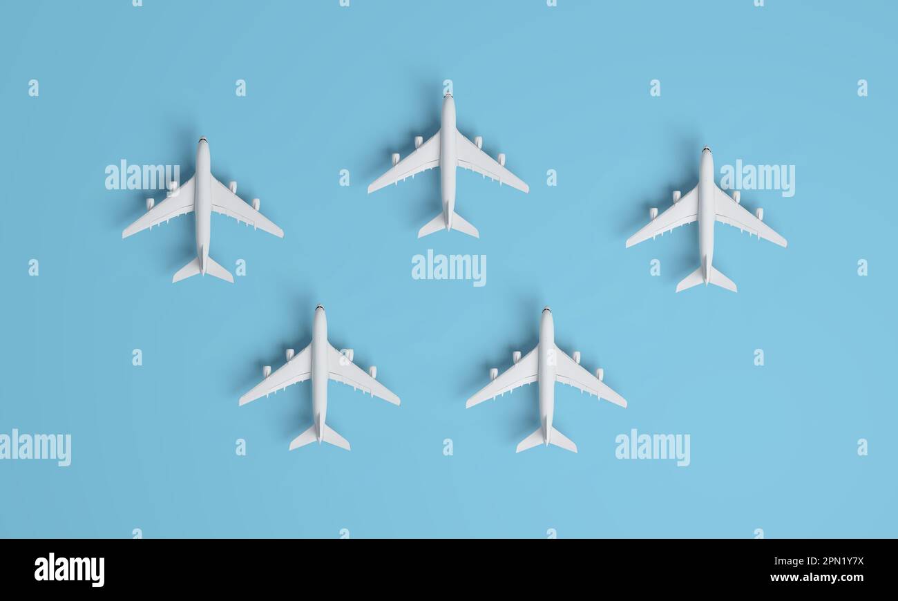 Different holiday or business trip destinations, airplanes on a blue background. 3D rendering. Stock Photo