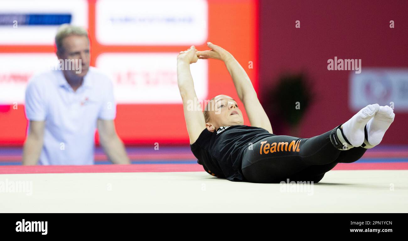 Antalya, Turkey. 16th Apr, 2023. ANTALYA - Sanne Wevers in action during  the warming up for the apparatus final beam at the European championships  in Turkey. ANP IRIS VANDEN BROEK Credit: ANP/Alamy