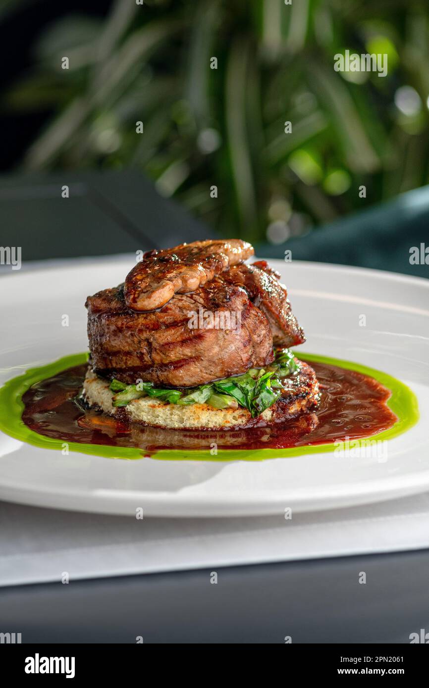 Tournedos Rossini. Foie gras, Black Angus beef tenderloin, with red