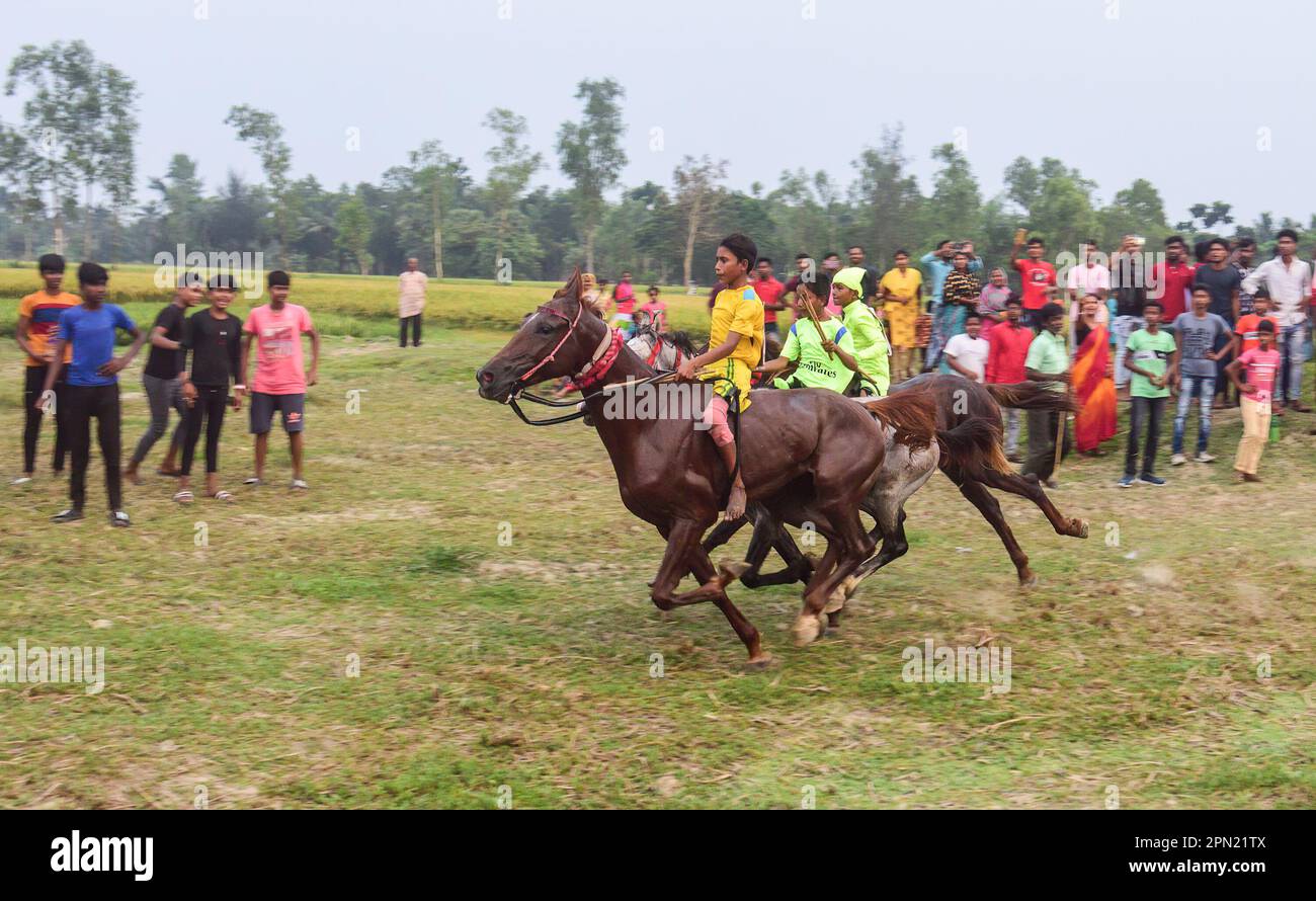 Basanti, India. 15th Apr, 2023. Children Jockeys ride their horses