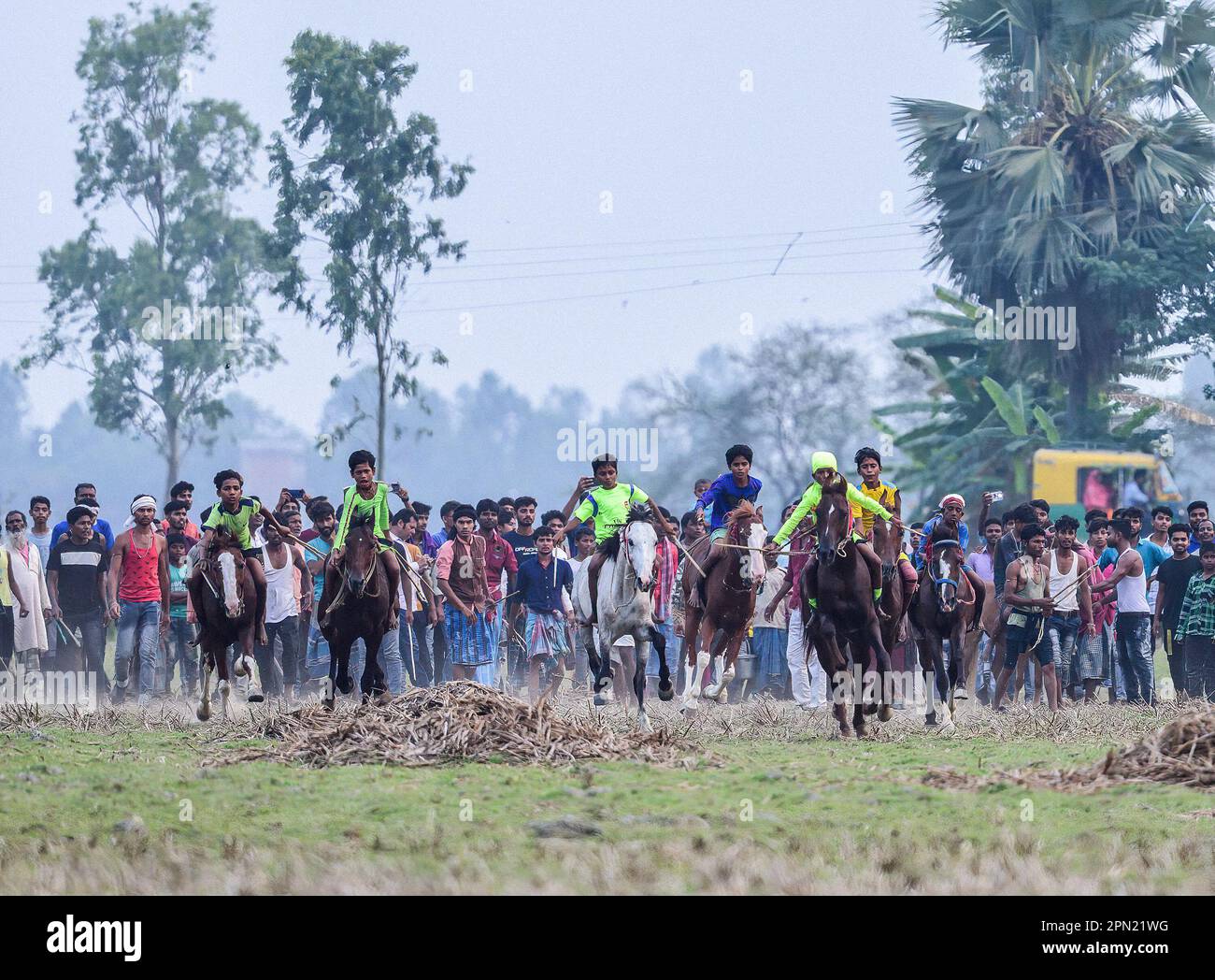 Basanti, India. 15th Apr, 2023. Children Jockeys ride their horses