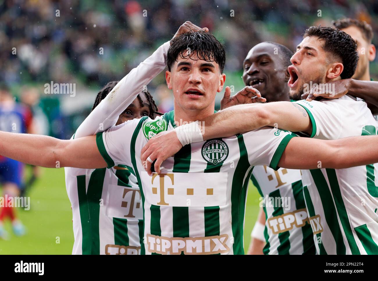 BUDAPEST, HUNGARY - APRIL 2: Krisztian Lisztes of Ferencvarosi TC  celebrates with teammates after scoring a goal during the Hungarian OTP  Bank Liga match between Ferencvarosi TC and MOL Fehervar FC at