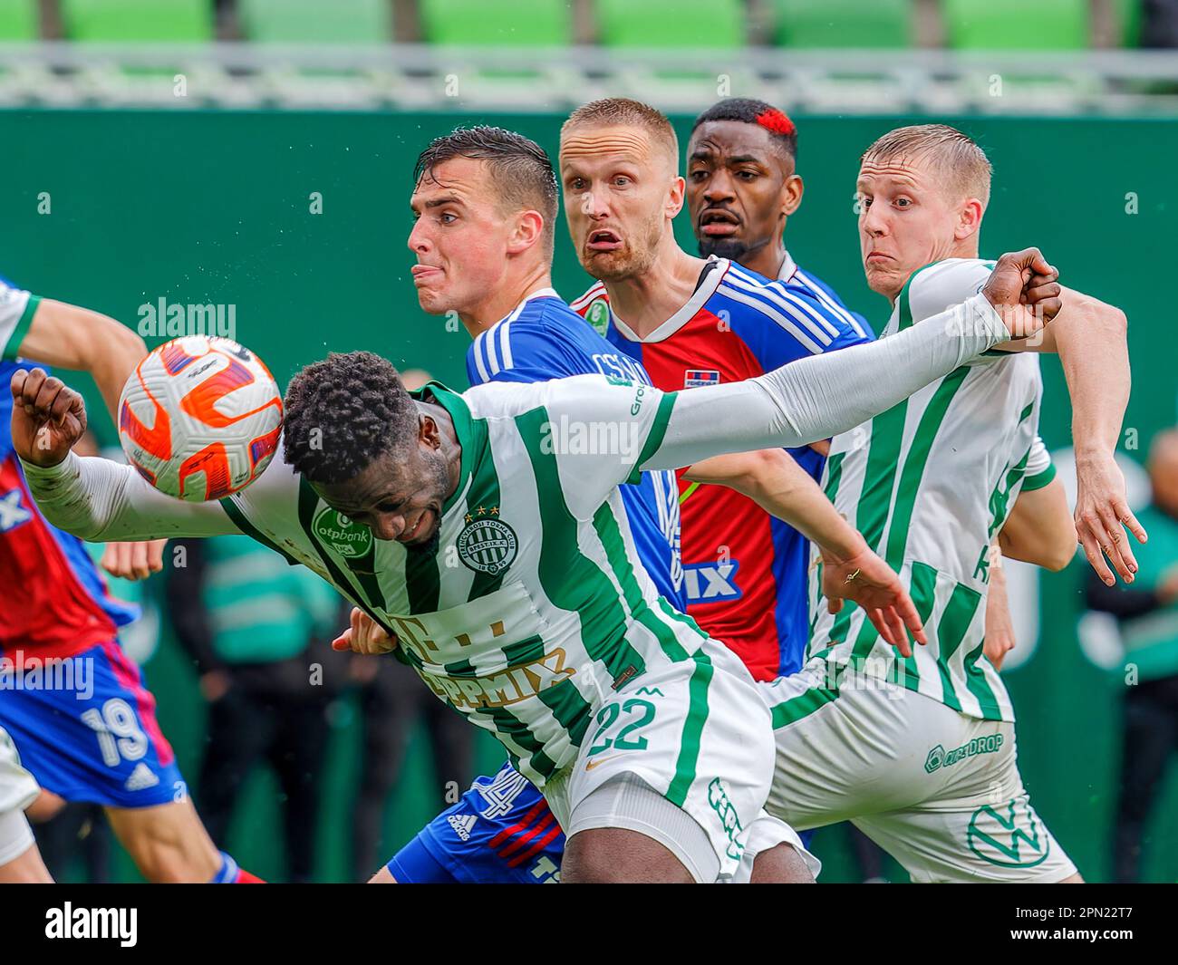 BUDAPEST, HUNGARY - APRIL 2: Myenty Abena of Ferencvarosi TC heads