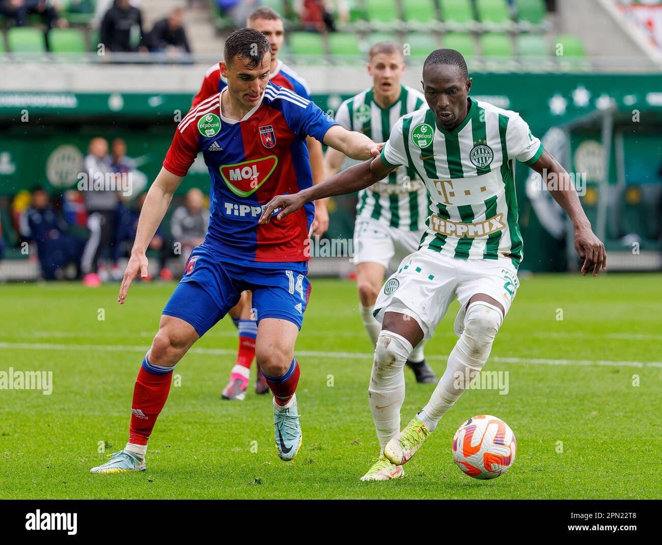 BUDAPEST, HUNGARY - AUGUST 9: Adama Traore of Ferencvarosi TC controls the  ball during the UEFA Champions League Qualifying Round match between Ferencvarosi  TC and Qarabag FK at Ferencvaros Stadium on August