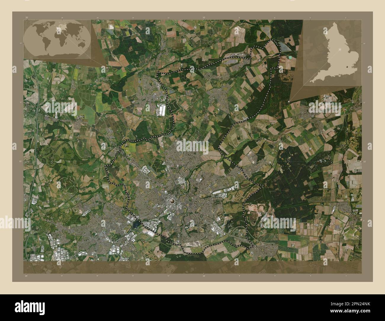 Mansfield, non metropolitan district of England - Great Britain. High resolution satellite map. Corner auxiliary location maps Stock Photo