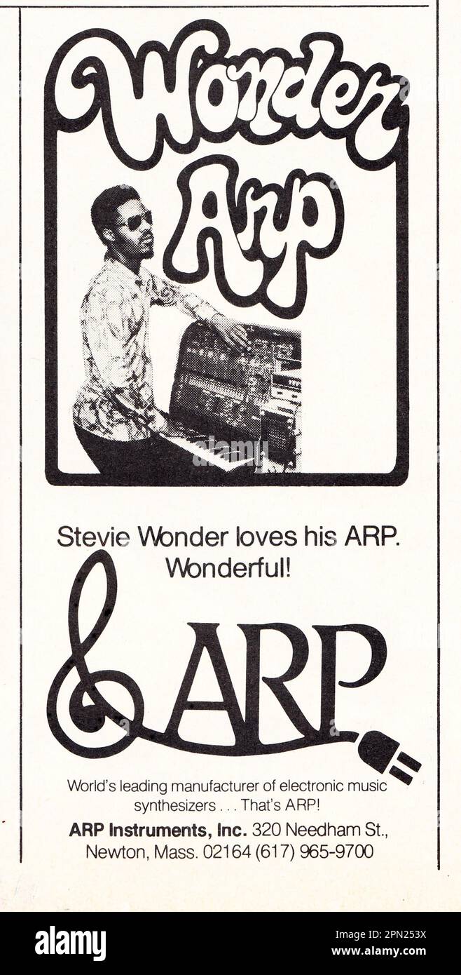 Stevie Wonder in a mid 1970s advertisement for ARP Synthesizers. ARPs were manufactured from the 1960s to the 1980s. Stock Photo
