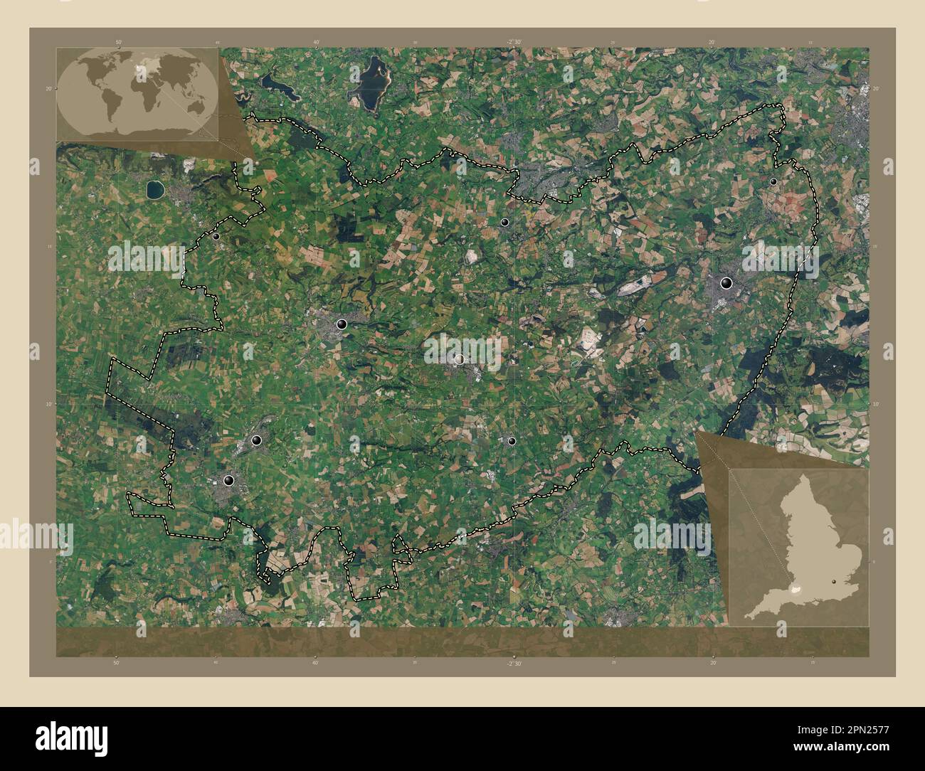 Mendip, non metropolitan district of England - Great Britain. High resolution satellite map. Locations of major cities of the region. Corner auxiliary Stock Photo