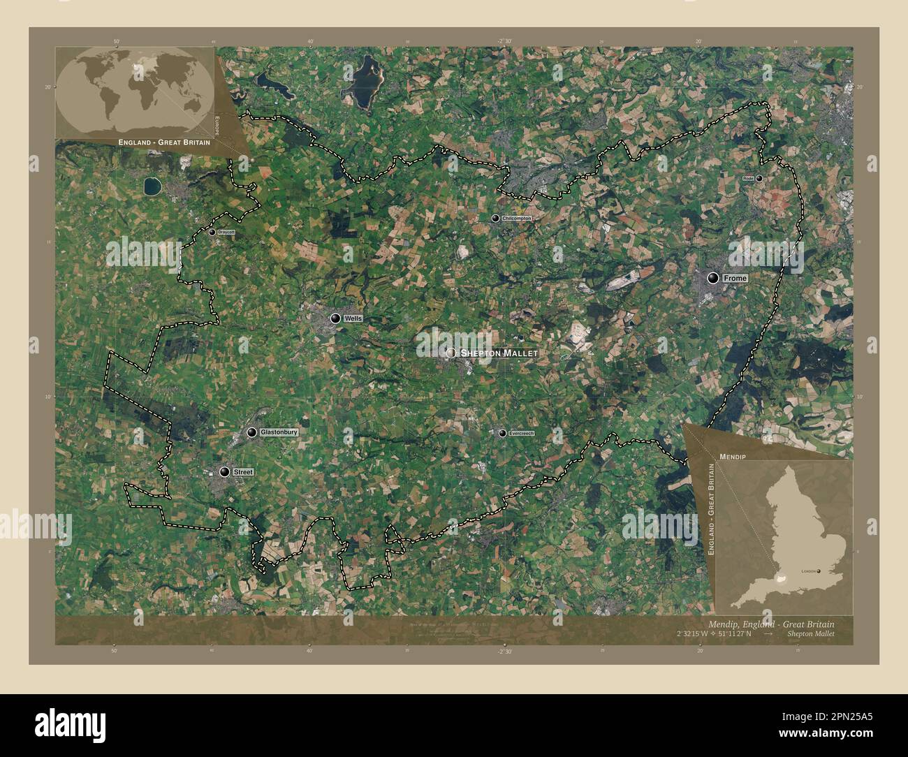 Mendip, non metropolitan district of England - Great Britain. High resolution satellite map. Locations and names of major cities of the region. Corner Stock Photo