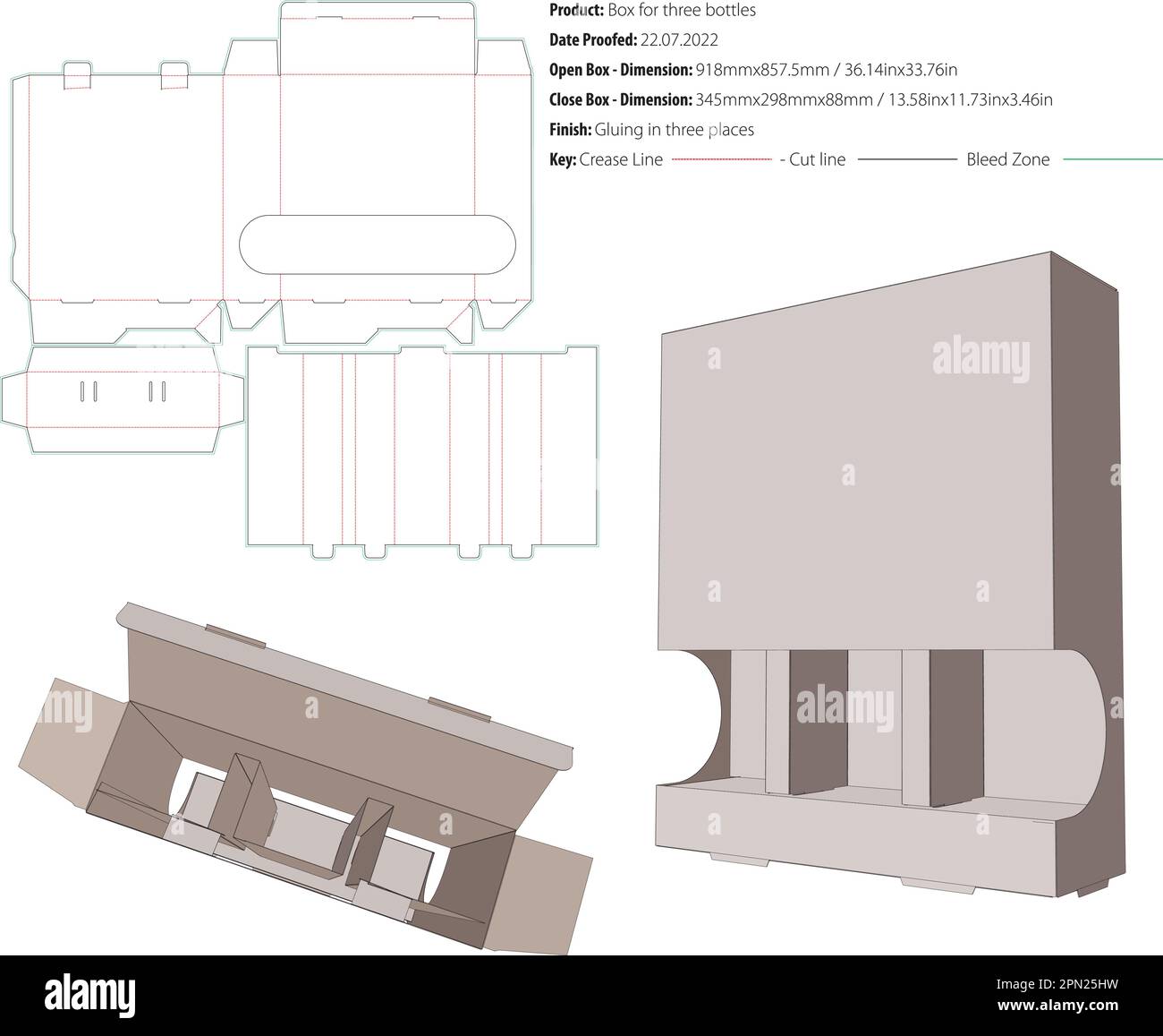 Box for three bottles packaging design template gluing in three places