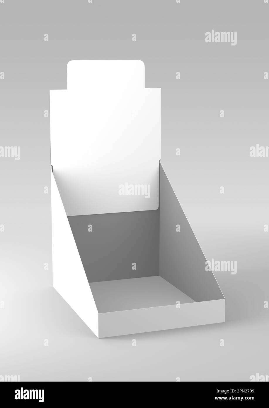 RECTANGULAR COUNTER DISPLAY BOX MOCKUP OPENED ISOLATED ON WHITE
