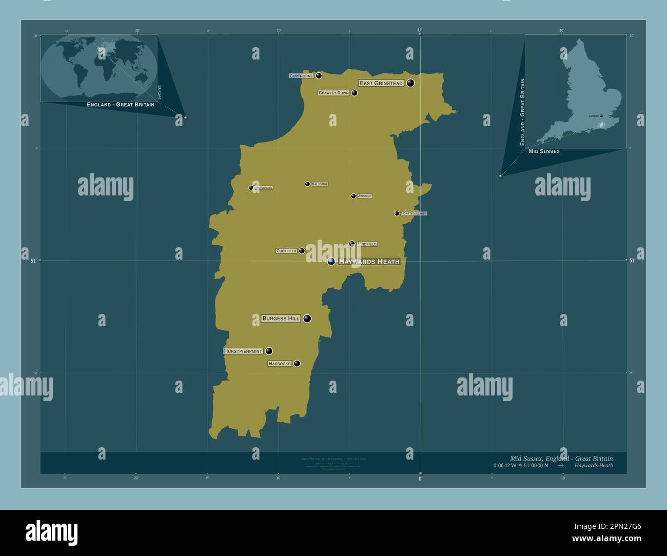 Mid Sussex, non metropolitan district of England Great Britain. Solid color shape. Locations