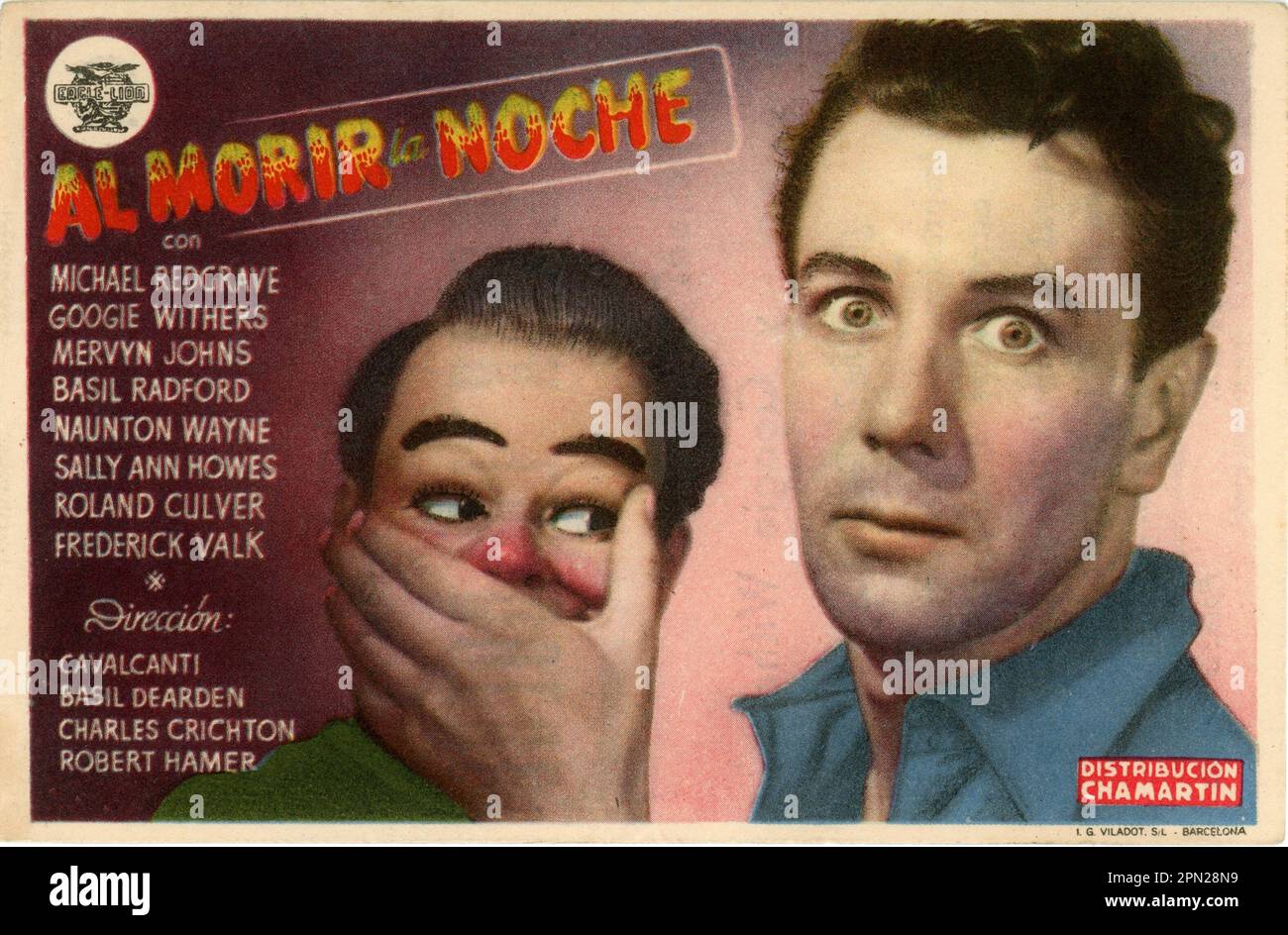 Spanish Flyer for MICHAEL REDGRAVE in The Ventriloquist's Dummy story directed by ALBERTO CAVALCANTI from story by John Baines in DEAD OF NIGHT 1945 directors ALBERTO CAVALCANTI CHARLES CRICHTON BASIL DEARDEN and ROBERT HAMER music Georges Auric producer Michael Balcon Ealing Studios / Eagle - Lion Distributors Limited Stock Photo