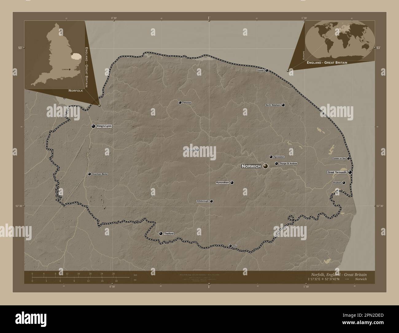 Norfolk, administrative county of England - Great Britain. Elevation map colored in sepia tones with lakes and rivers. Locations and names of major ci Stock Photo