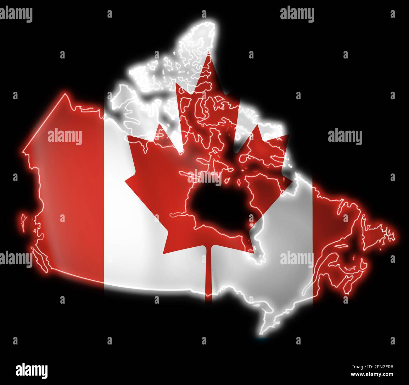 Map of Canada with Canadian flag on black background. 3D rendering. Stock Photo