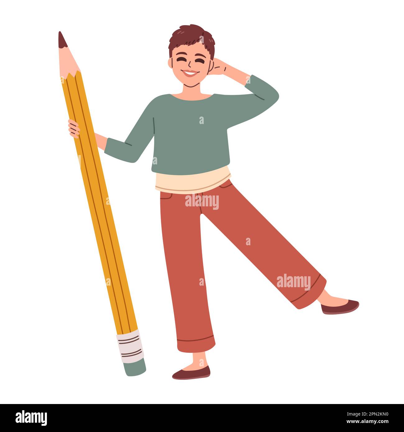 Cute student girl standing with a large pencil. Flat design style minimal vector illustration. Stock Vector