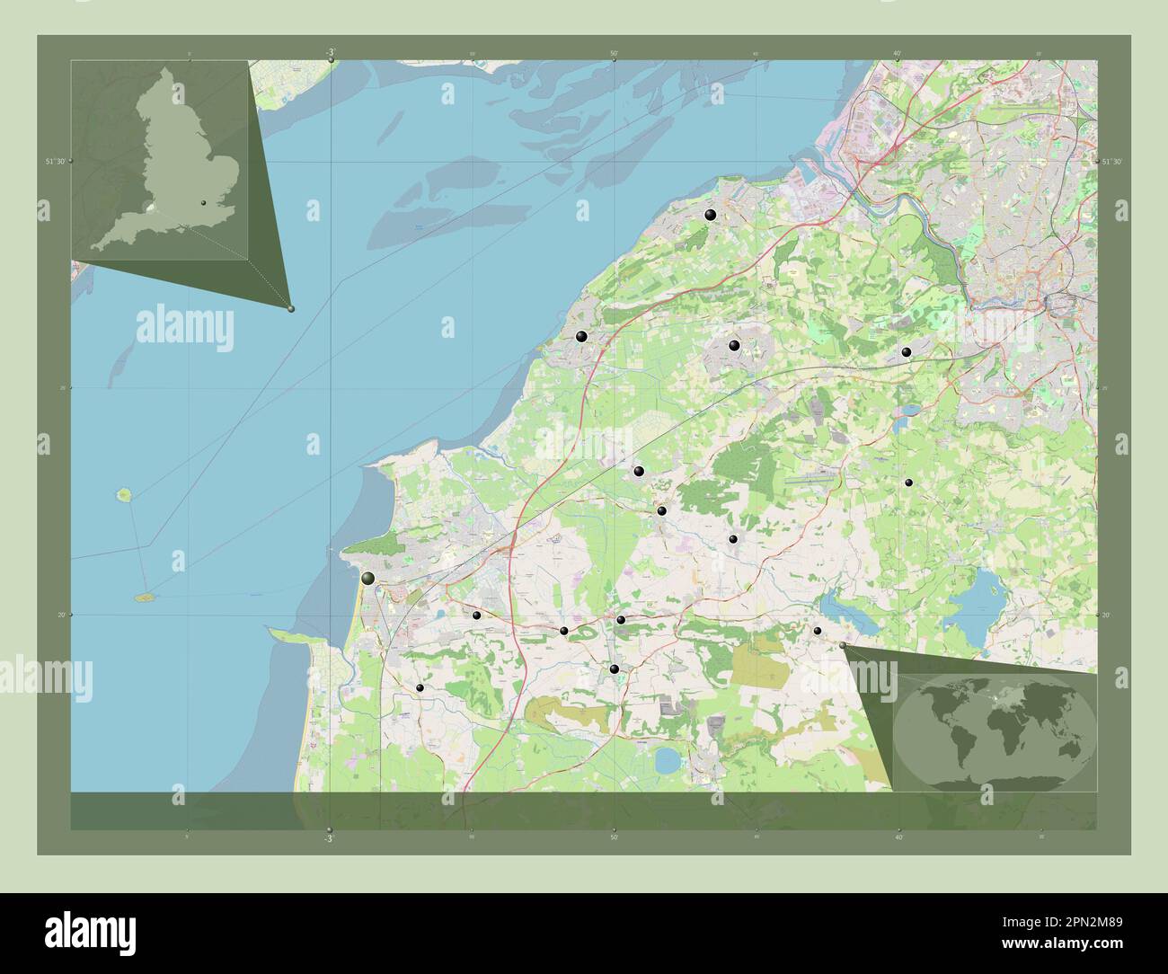 North Somerset, unitary authority of England - Great Britain. Open Street Map. Locations of major cities of the region. Corner auxiliary location maps Stock Photo