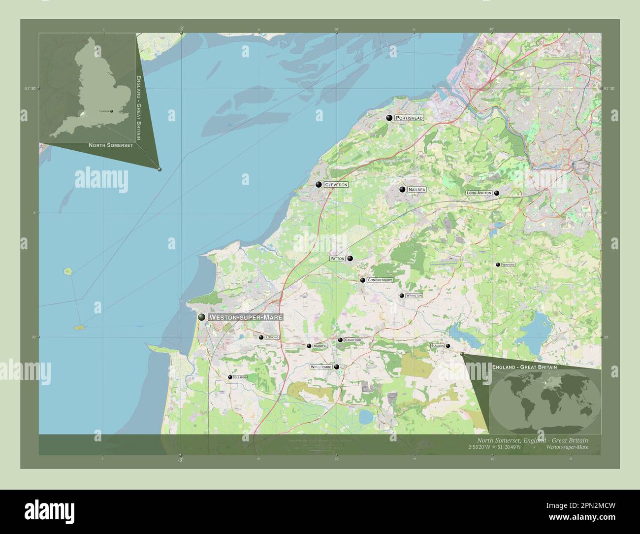 North Somerset, unitary authority of England - Great Britain. Open Street Map. Locations and names of major cities of the region. Corner auxiliary loc Stock Photo