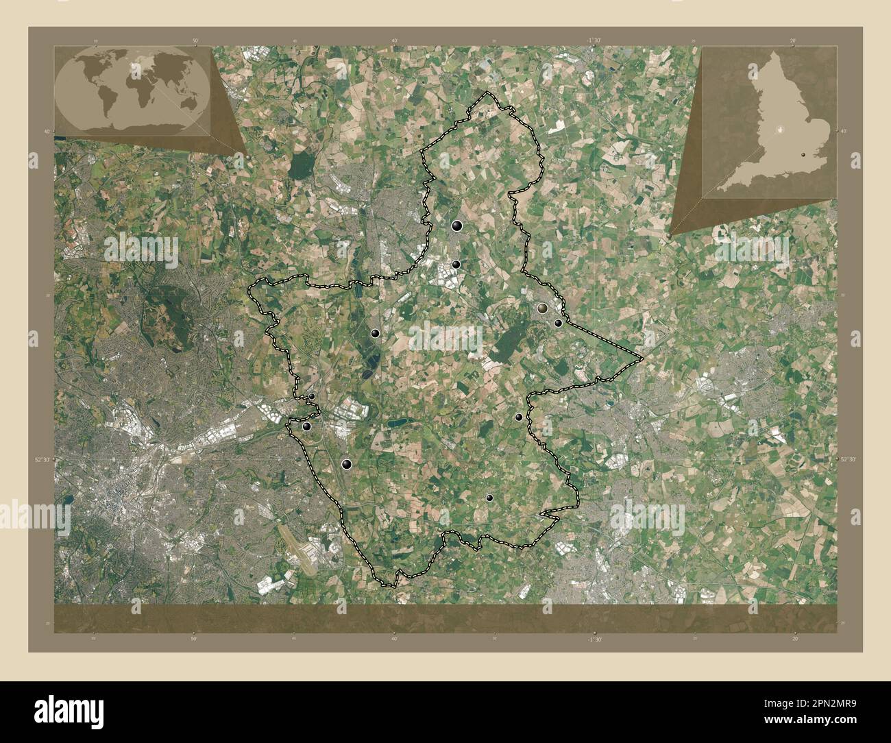 North Warwickshire, non metropolitan district of England - Great Britain. High resolution satellite map. Locations of major cities of the region. Corn Stock Photo