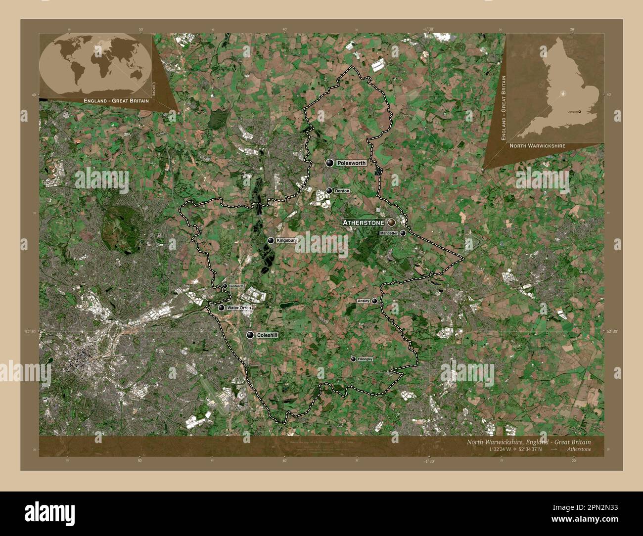 North Warwickshire, non metropolitan district of England - Great Britain. Low resolution satellite map. Locations and names of major cities of the reg Stock Photo