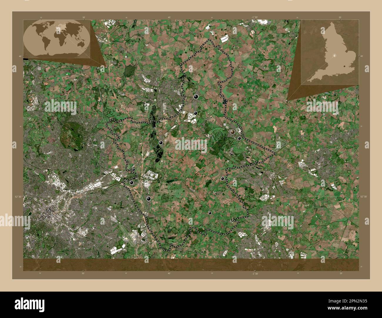 North Warwickshire, non metropolitan district of England - Great Britain. Low resolution satellite map. Locations of major cities of the region. Corne Stock Photo