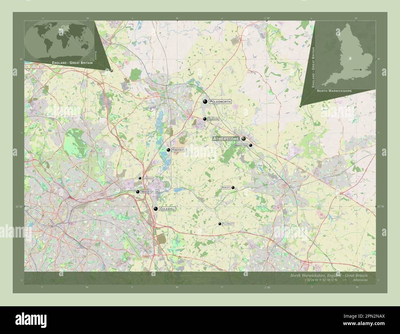 North Warwickshire, non metropolitan district of England - Great Britain. Open Street Map. Locations and names of major cities of the region. Corner a Stock Photo
