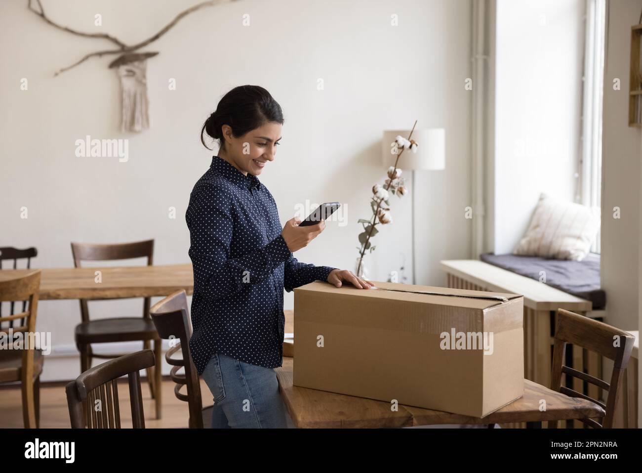 Indian woman prepare parcel for dispatch using on-line courier services Stock Photo