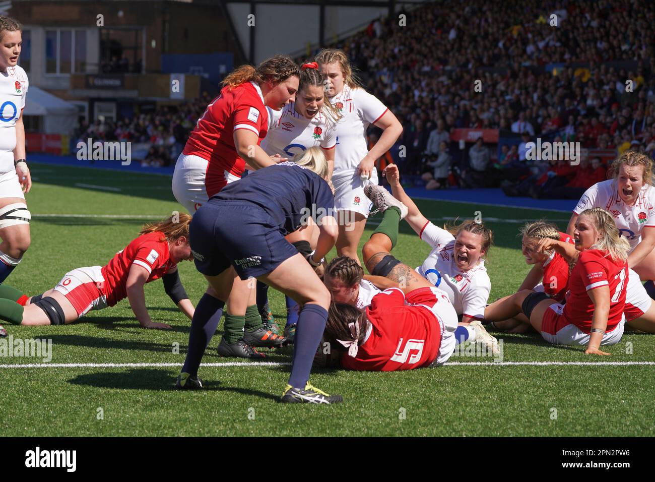 Lucy Packer crosses for England's first try,  Wales v England, Women's Six Nations, Cardiff, Credit Penallta Photographics / Alamy Live Stock Photo