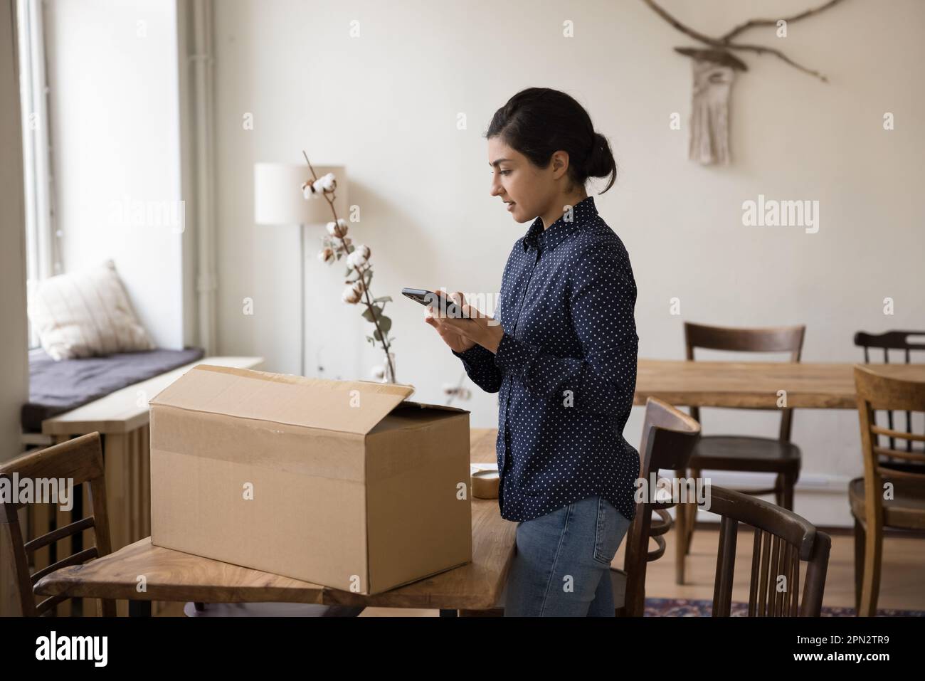 Woman prepares cardboard box for shipment using online courier services Stock Photo