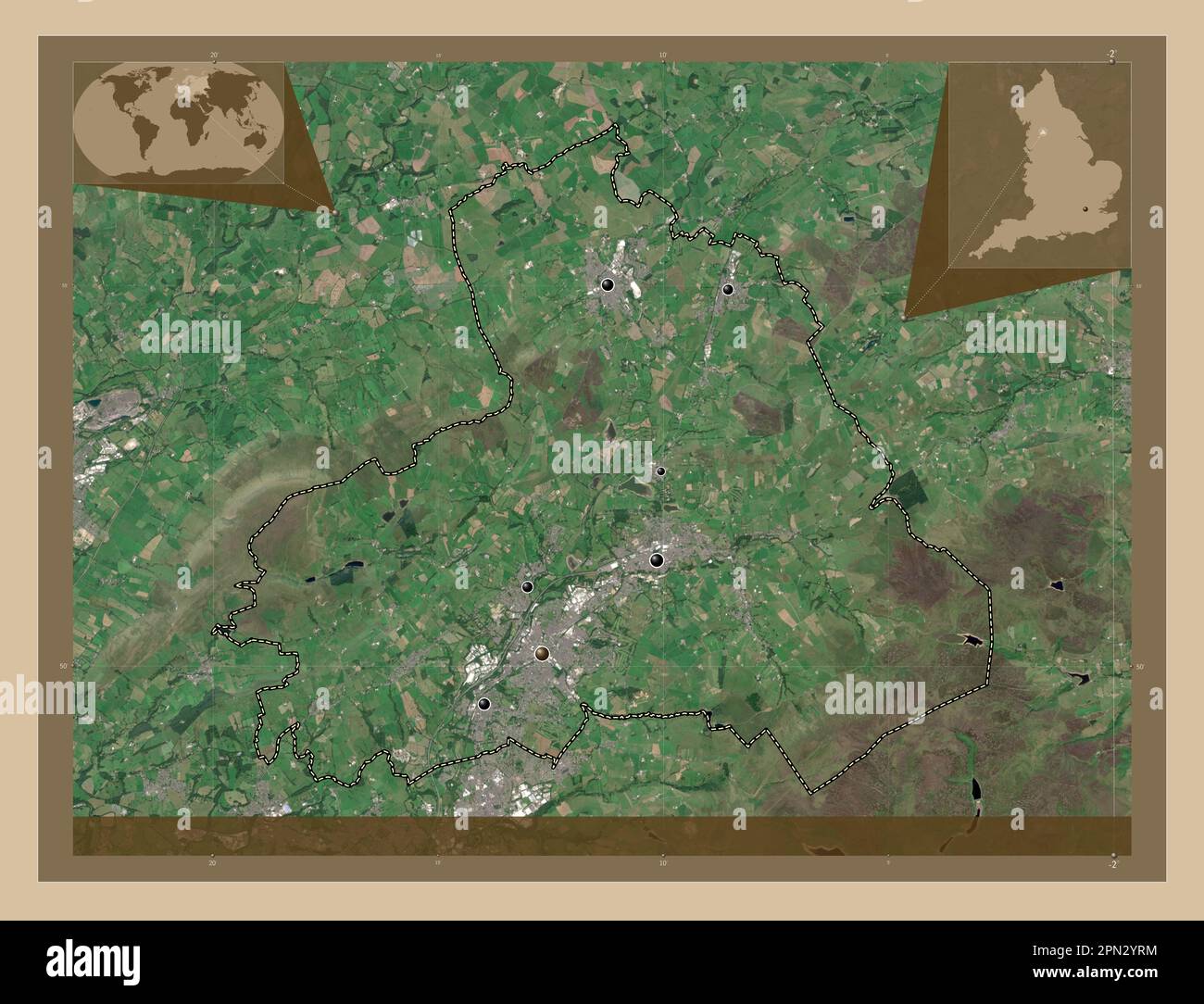 Pendle, non metropolitan district of England - Great Britain. Low resolution satellite map. Locations of major cities of the region. Corner auxiliary Stock Photo