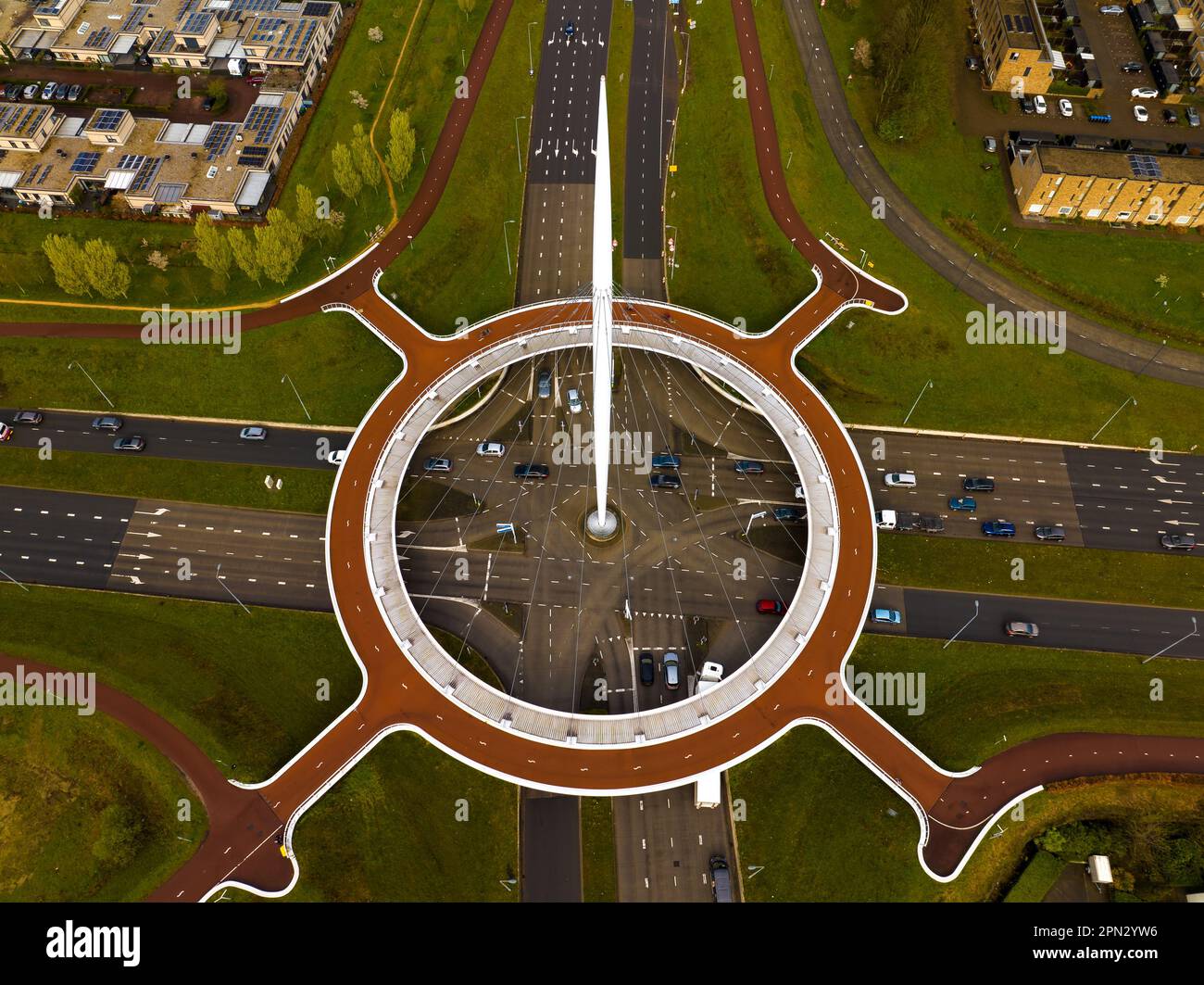 The hovenring is a unique architect in Eindhoven Netherlands. This is a roudobout path for cyclers. This ringroad is linking Endhoven with Veldhoven a Stock Photo