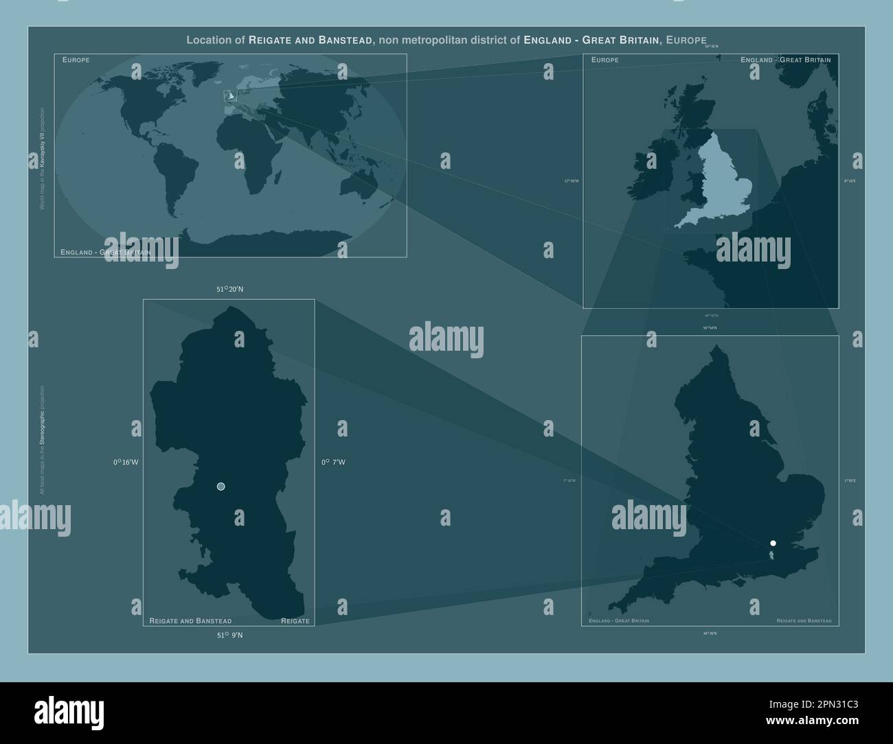 Reigate and Banstead, non metropolitan district of England Great Britain. Diagram showing the