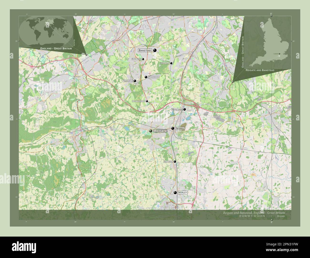 Reigate and Banstead, non metropolitan district of England Great Britain. Open Street Map