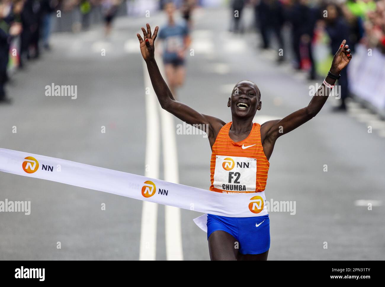 ROTTERDAM Eunice Chumba from Bahrain crosses the finish line during