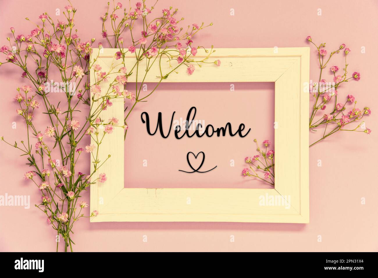 Welcome Letter Frame Vintage Photo Frame With Flower Arrangement, English Text Welcome Stock ...