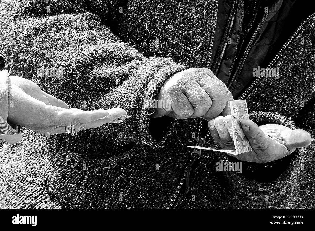 Transfer of money from hand to hand. Concept of trade, business, retail, sales, cash sale, currency, buying and selling, finance, cash economy. Stock Photo