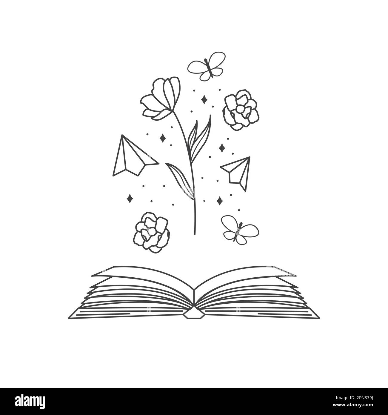 Magic book vector logo design. Open book with flowers, stars, butterfly ...