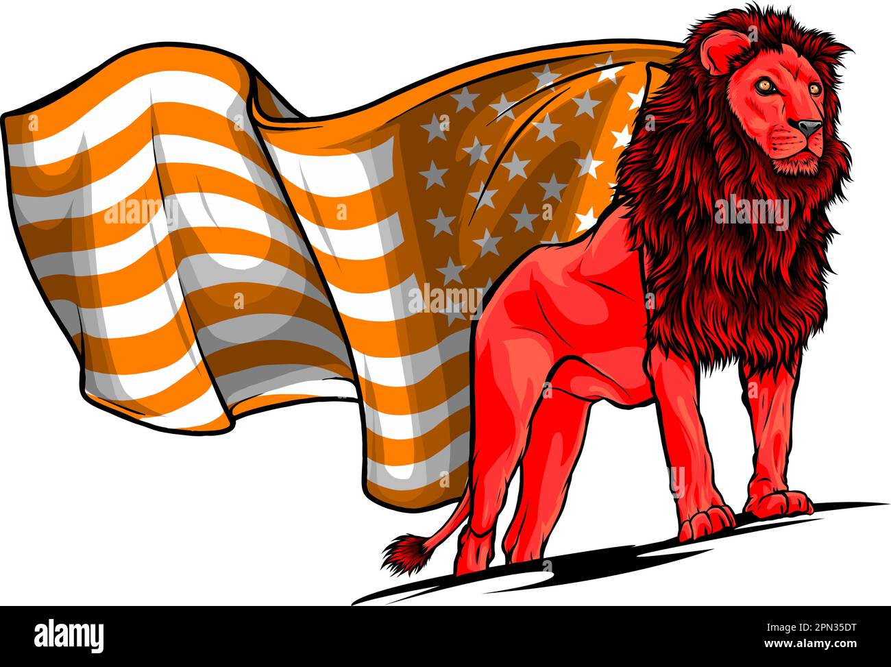 Lion head with USA flag. Hand drawn. Grunge vector illustration on white background Stock Vector