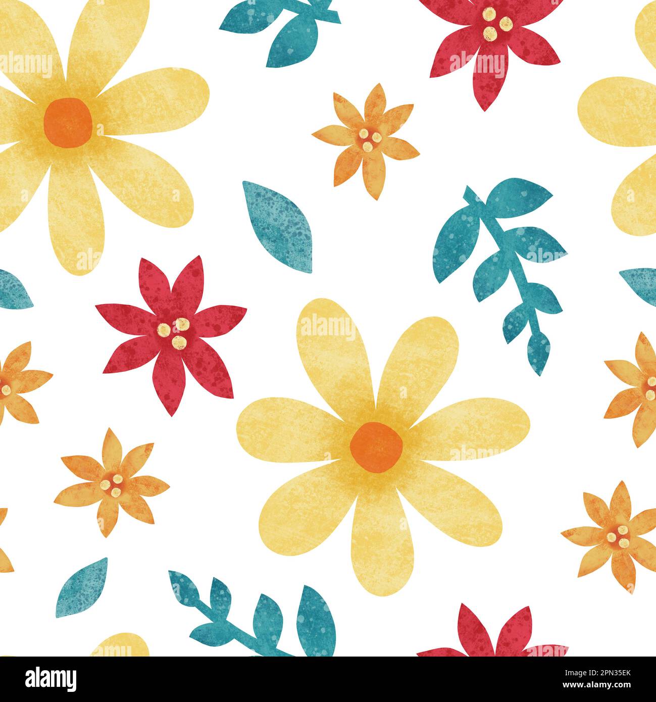 Yellow and red floral seamless pattern. Big and small watercolor flowers on white background. Raster allover print Stock Photo