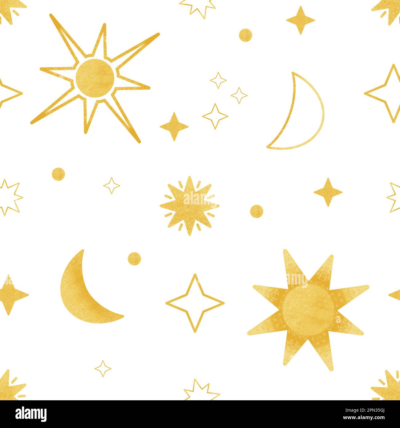 Sun and moon seamless pattern. Hand drawn textured yellow crescent, stars, moon, sun and circles on white background. Bright sky allover illustration Stock Photo