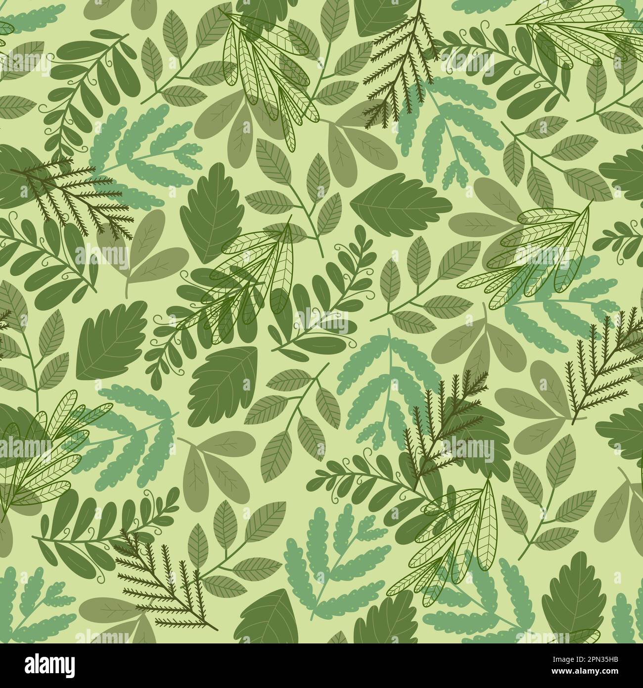 Herbal seamless pattern. Brunches and leaves silhouettes on green background. Spring leafy all over print Stock Photo