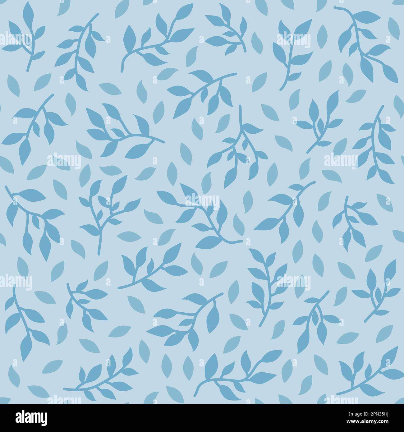 Spring twigs seamless pattern. Tiny leaves and brunches on blue background. Blue and green leaf allover print Stock Photo