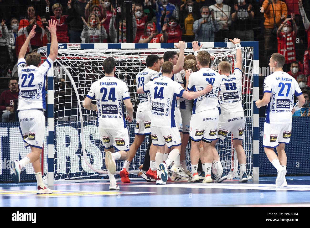 Iceland national team celebrates the win against France. EHF Euro 2022
