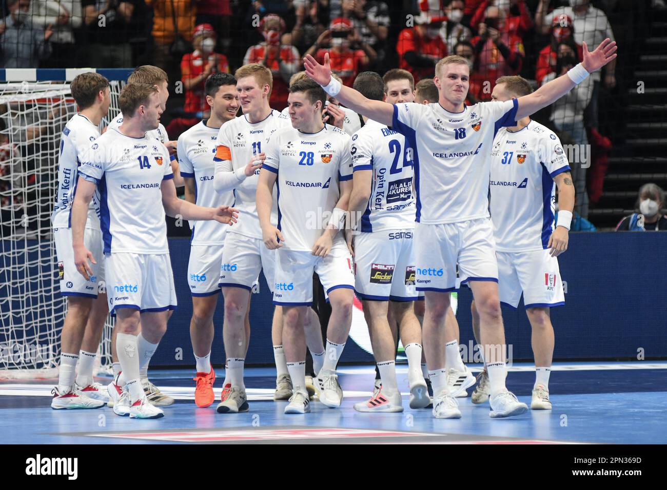 Iceland national team celebrates the win against France. EHF Euro 2022