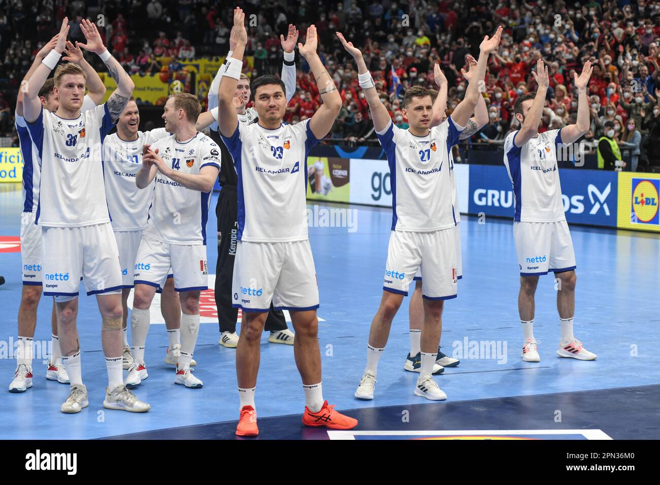 Iceland national team celebrates the win against France. EHF Euro 2022. Main Round Stock Photo