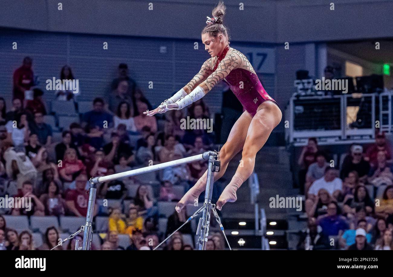 Fort Worth, USA. 15th Apr, 2023. The University of Oklahoma's Jordan Bowers tied for seventh on the uneven parallel bars with a score of 9.925 and took second in the All-Around, helping her team win the Championship at the Finals of the NCAA Women's Gymnastics Championship in Dickie's Arena, Fort Worth, Texas, on April 15, 2023 (Photo by Jeff Wong/Sipa USA) Credit: Sipa USA/Alamy Live News Stock Photo