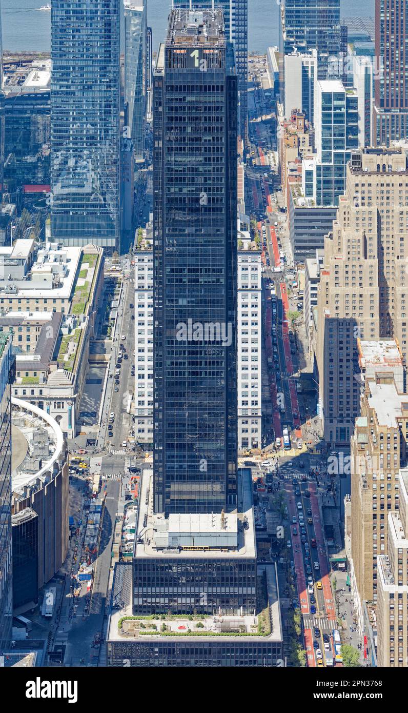 Penn 1, formerly One Penn Plaza, now a black slab with grey solar windows. The signature “1” at the crown is now white instead of red. Stock Photo