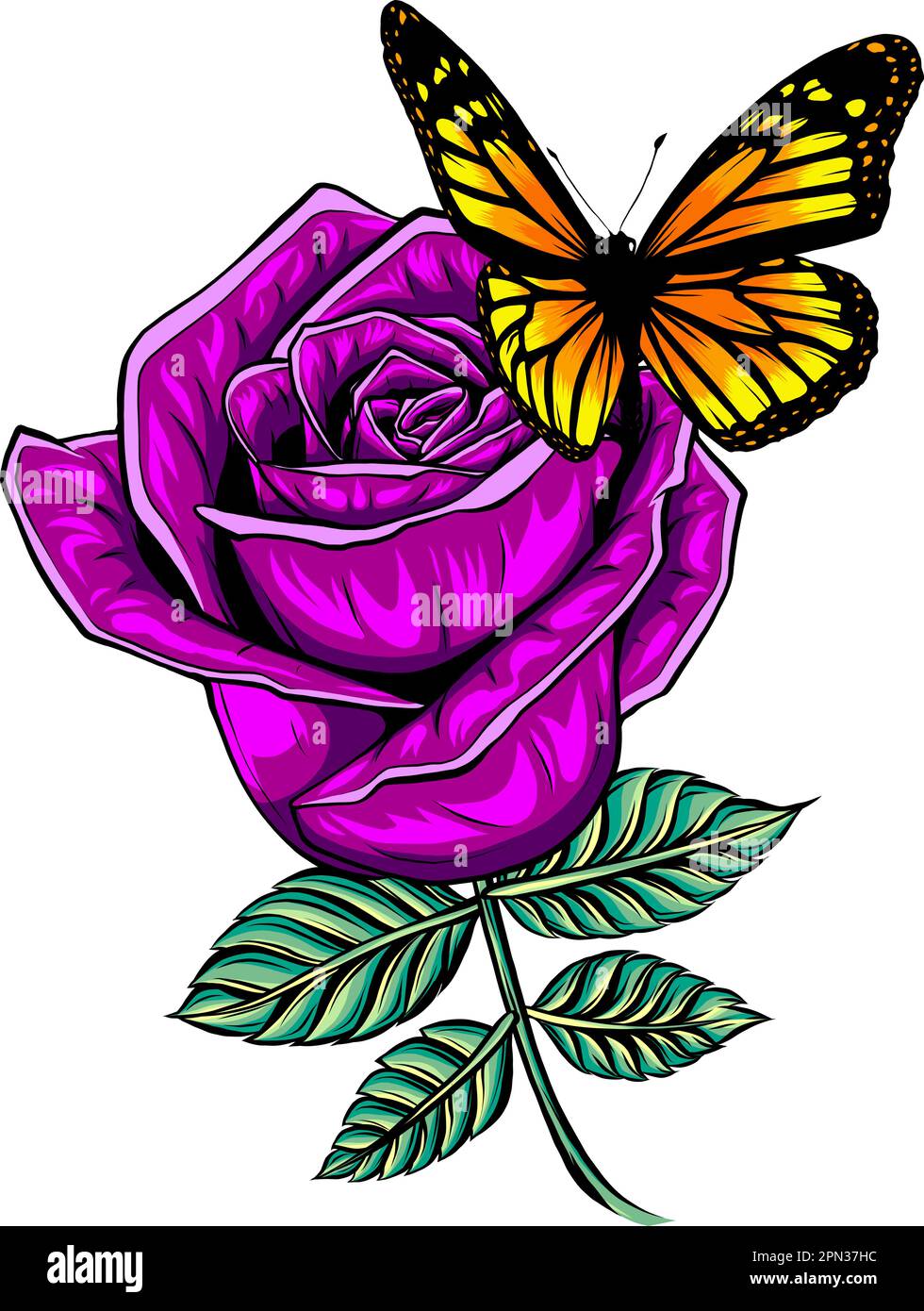 vector illustration of butterfly on rose on white background Stock